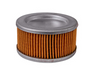 Filter with orange pleated material and metallic top and bottom on a white background