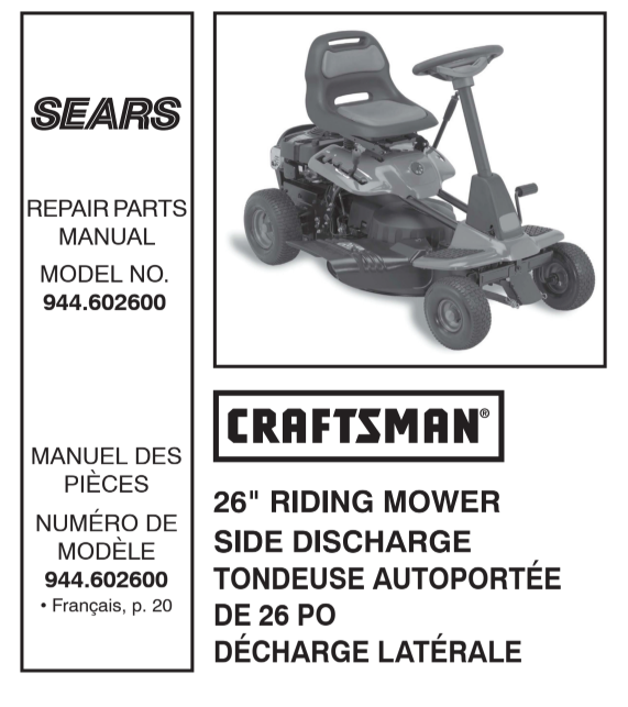 944.602600 Craftsman 26" Riding Mower Side Discharge Repair Parts Manual